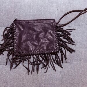 Beryll Black Leather Fringe wristlet Bag Whipstitch Boho Festival Purse